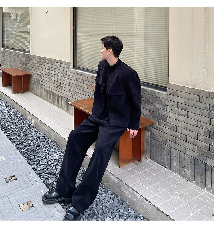 men 2 pieces sets corduroy short jacket wide leg pant suits korean streetwear fashion loose casual retro coat baggy trousers unique shorts style 2818