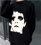 grunge knit sweater with heavyweight fabric, layered urban look for cold weather, street fashion menswear trend for seasonal 