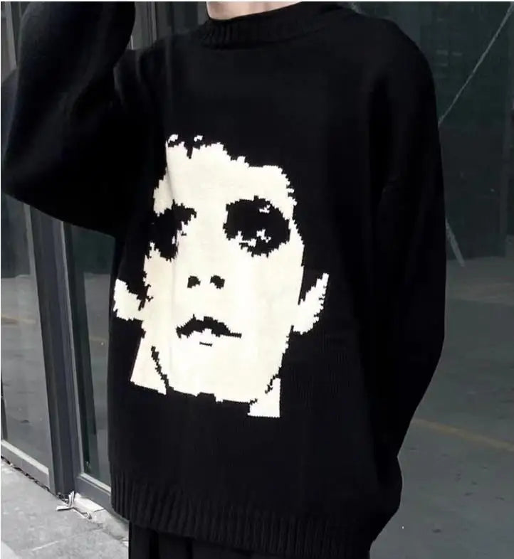 grunge knit sweater with heavyweight fabric, layered urban look for cold weather, street fashion menswear trend for seasonal 