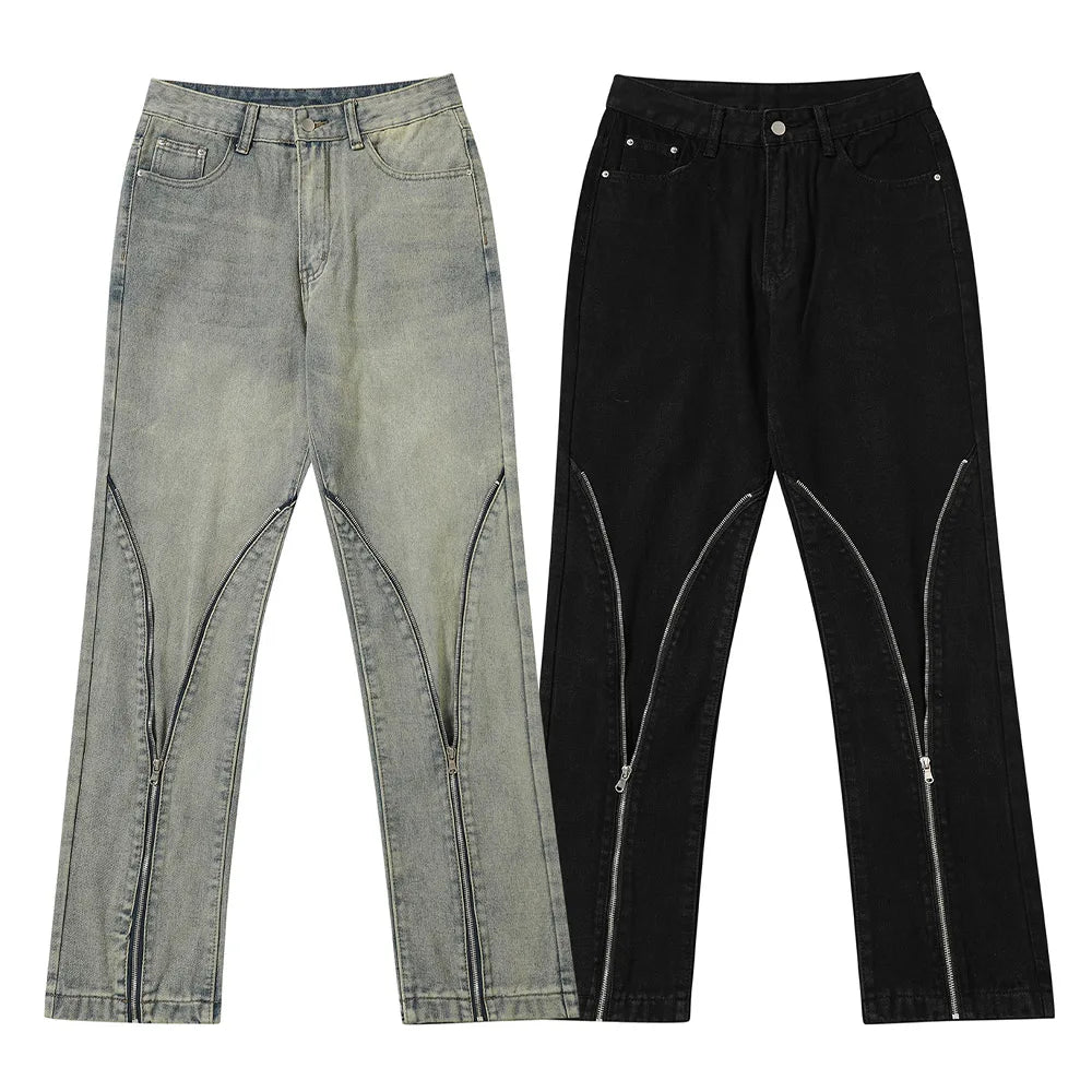 streetwear mens zipper jeans solid color patchwork straight jeans summer casual hip hop denim pants high street loose trousers urban skinny jeans