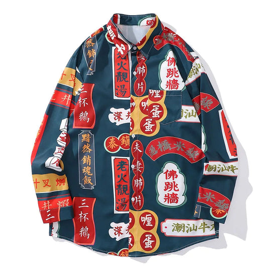 Men’s Urban Zip Shirt – Chinese Style Men Colorblock Chinese Cuisine Name Print Long Sleeve Shirts Autumn Vintage Lapel Button Shirts Oversized Unisex | Button Shirt Drop #579