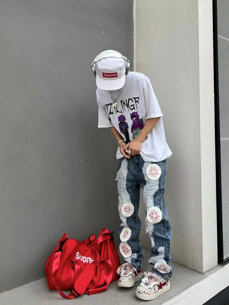 harajuku y2k stars embroidery patchwork ripped holes denim jeans casual straight jean pants mens hip hop streetwear jeans pants unique jeans style 2555