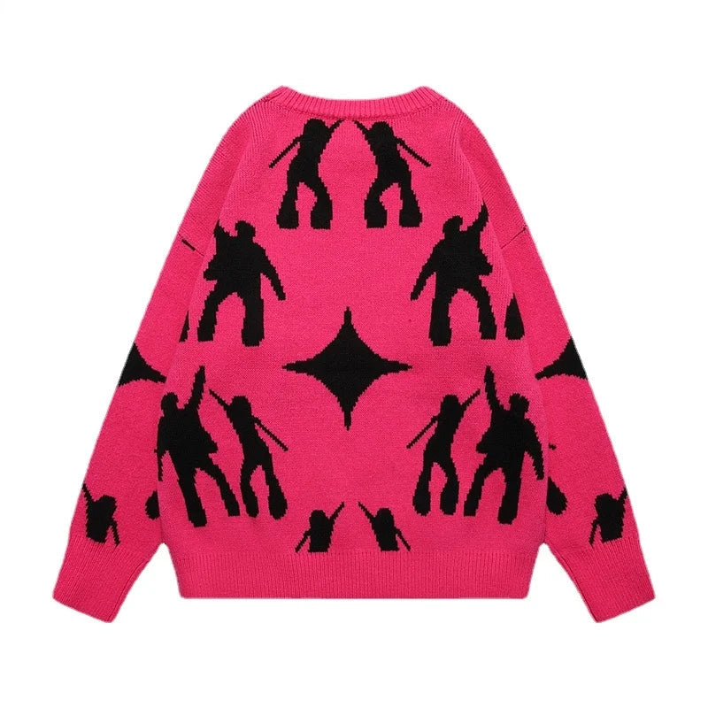 fashion knitted sweater unisex harajuku anime pattern sweaters casual pink color pullover streetwear sweaters jumpers knitwear urban wear with bold artwork, trendy hip hop style outerwear, Y2K vintage urban hoodie