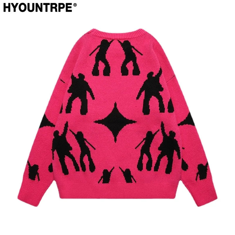 fashion knitted sweater unisex harajuku anime pattern sweaters casual pink color pullover streetwear sweaters jumpers knitwear urban wear with bold artwork, trendy hip hop style outerwear, Y2K vintage urban hoodie