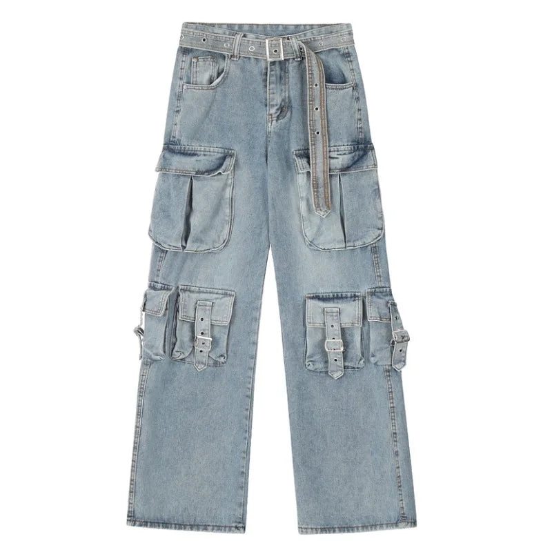 fashion loose streetwear cargo denim jeans unisex casual multi pocket straight jean pants with belt hip hop joggers baggy jeans unique joggers style 3698