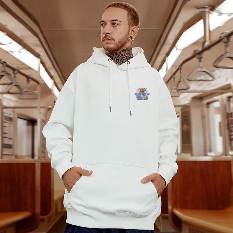 New Never Give Up Bear Printed Hoodies For Men Hip Hop Streetwear Pocket Pullover Sweatshirts Autumn Y2K Vintage Fleece Hoodie