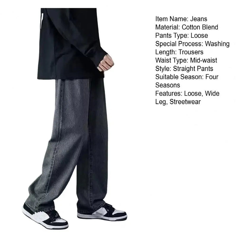 korean mens casual long jeans loose retro straight baggy pants denim wide leg pants light blue grey black retro washed jeans unique jeans style 1266