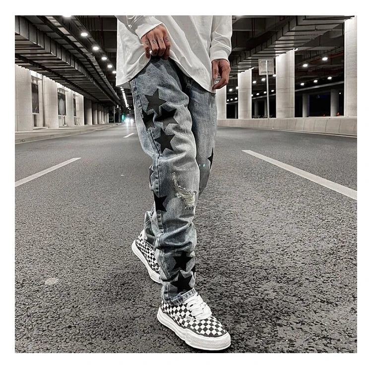 fashion ripped destroied jeans trousers distressed biker jeans with stars high street slim pants joggers denim jeans for men unique joggers style 3260