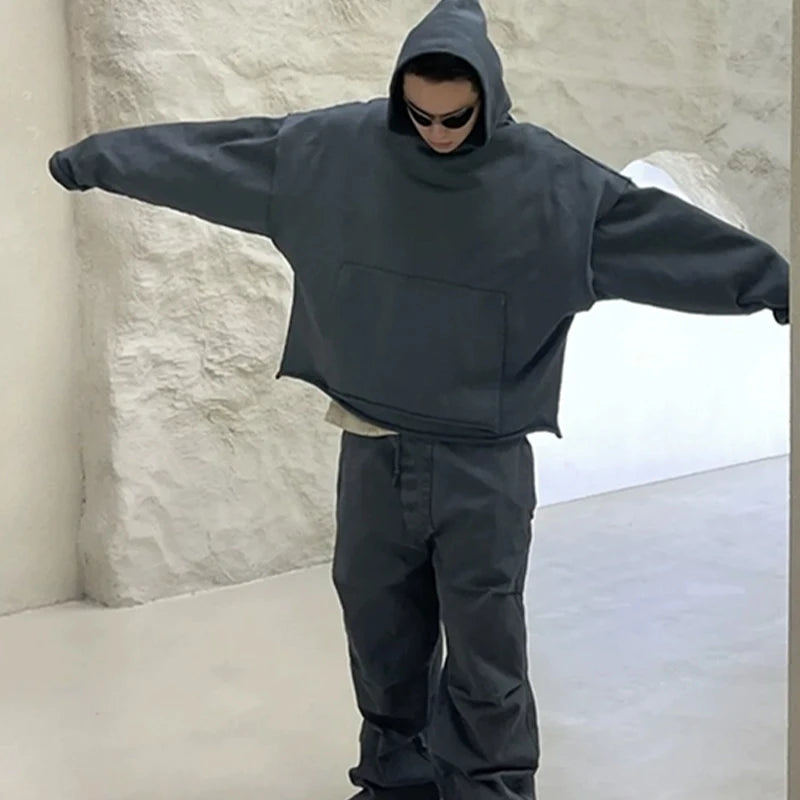 greg kanye double layer heavyweight fit hooded pullover with raw edges sweater grey oversized graphic print design, high quality cotton pullover, unique limited edition hoodie