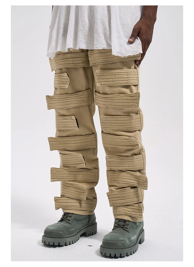 fashion velcros denim jean pants streetwear mens new casual hip hop streetwear tactical straight trousers joggers men y2k pants unique joggers style 3680