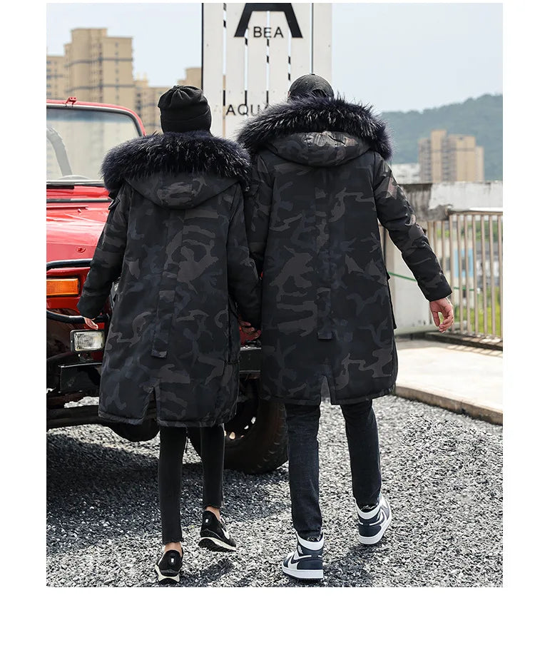 Korean Style Winter Long Parka Coat Men Woman Down Jacket Clothing Hooded Fur Collar Thicken Warm Leisure Lovers Overcoat