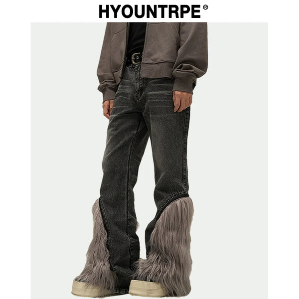 harajuku denim straight jeans men trousers high street zipper detachable fur bottom streetwear casual loose joggers jean pants casual joggers