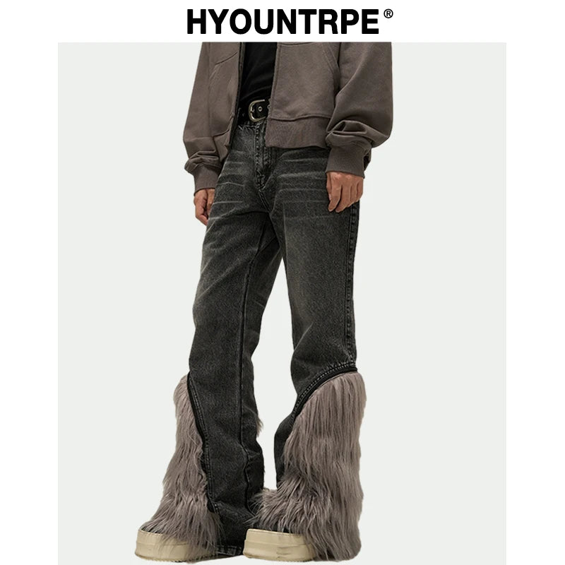 harajuku denim straight jeans men trousers high street zipper detachable fur bottom streetwear casual loose joggers jean pants casual joggers
