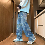 american high street floral printed jeans for men 2024 new y2k vintage denim trousers hip hop fashion wide leg baggy jean pants unique jeans style 421