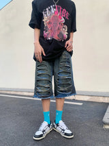 destroy ripped big holes spliced denim jeans shorts hip hop loose short pant harajuku half baggy jeans mens summer casual shorts unique jeans style 2677