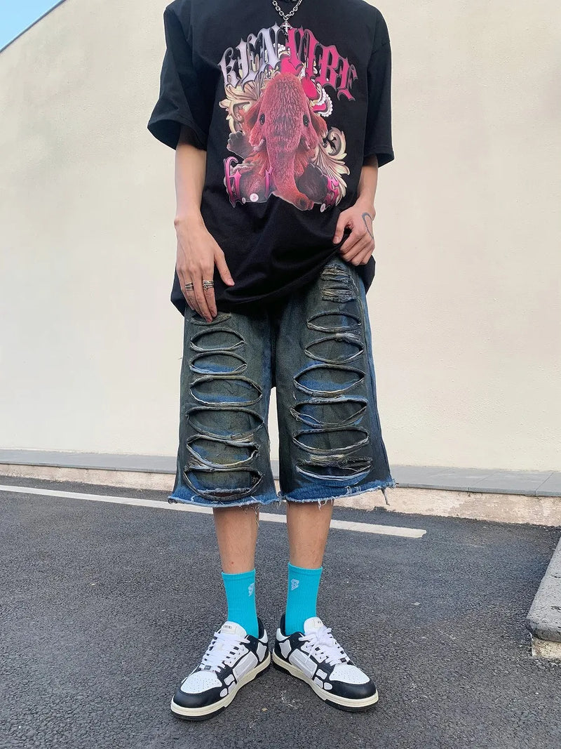 destroy ripped big holes spliced denim jeans shorts hip hop loose short pant harajuku half baggy jeans mens summer casual shorts unique jeans style 2677