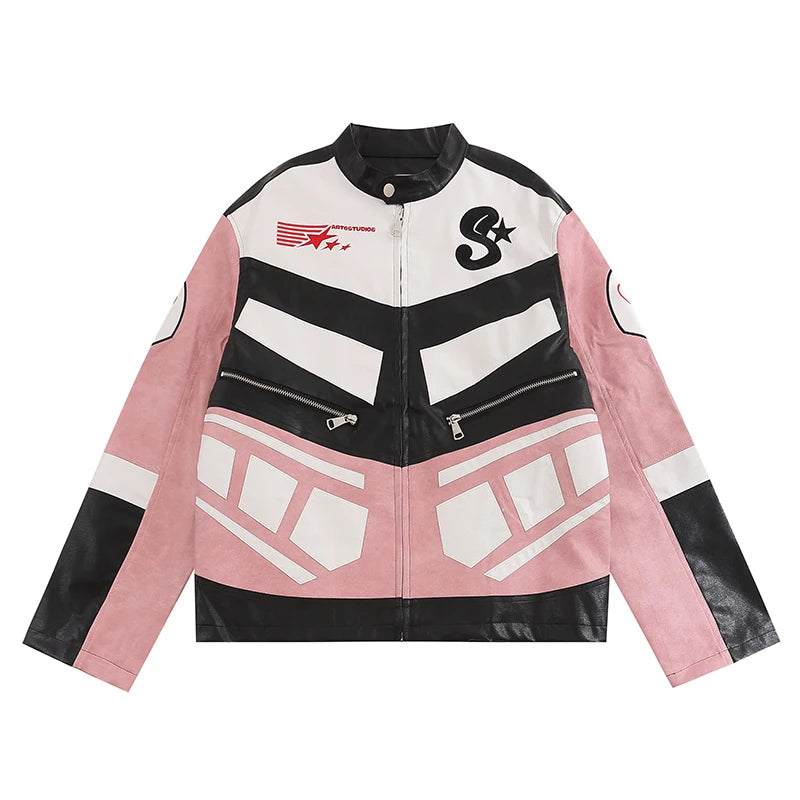 racing jackets fashion letter embroidery patchwork zipper jacket coats men hip hop pu lether outerwear casual streetwear pink - variant style 0ce390 for streetwear fashion