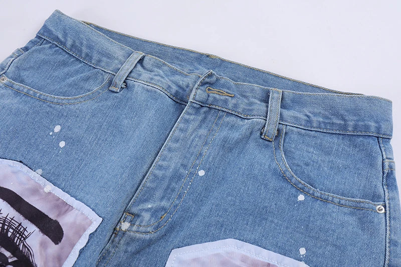 fashion skull graffiti patchwork denim jeans mens zipper jeans hip hop streetwear casual harajuku straight joggers jeans pants unique joggers style 1007