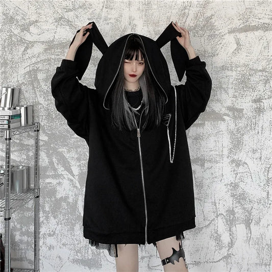 Autumn Winter Emo Bunny Hoodie Women Zip Up Kawaii Sweatshirt Rabbit E