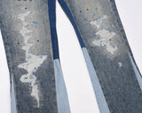 blue speckle ink washed destroyed flared jean pants hip hop graffiti ripped denim jeans for men streetwear vintage wide jeans unique jeans style 4463