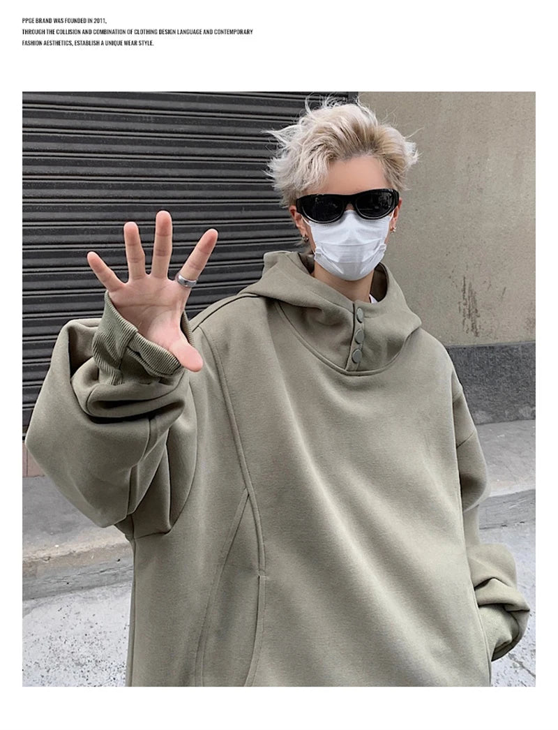 New Retro Button Neck Hooded Sweatshirts For Men Autumn Fleece Y2K Vintage Hoodies Hip Hop Fashion Streetwear Pullover Hoodie