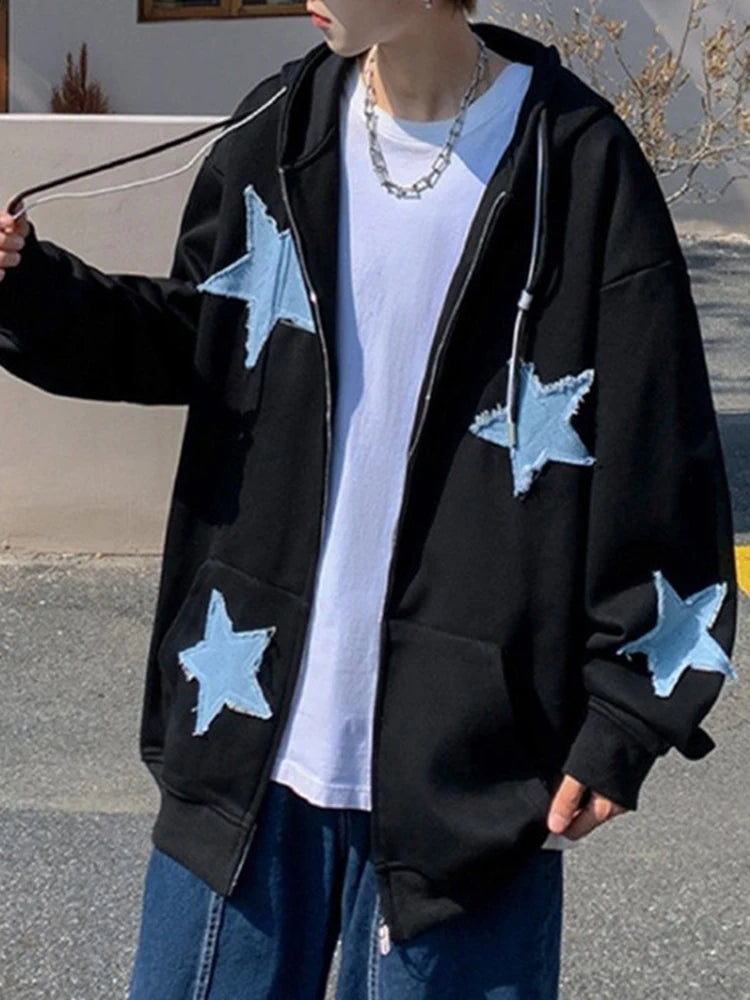 Mens Star Patch Zip Up Hoodie For Men Oversized Y2K Sweatshirt Jacket