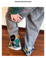 new mens y2k flower printed baggy jeans 2025 streetwear american casual denim wide leg pants hombre vintage straight trousers unique jeans style 692