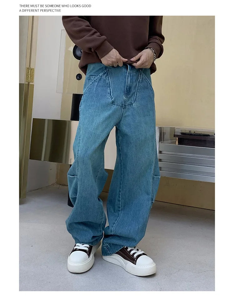 cityboy splice fashion brand jeans men streetwear hip hop vibe loose casual straight washed denim baggy jeans pant man trousers unique jeans style 2667