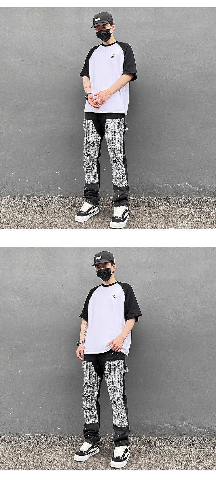 ripped holes patchwork denim jeans mens high street zipper straight jeans hip hop streetwear casual loose joggers jeans pants unique joggers style 2569
