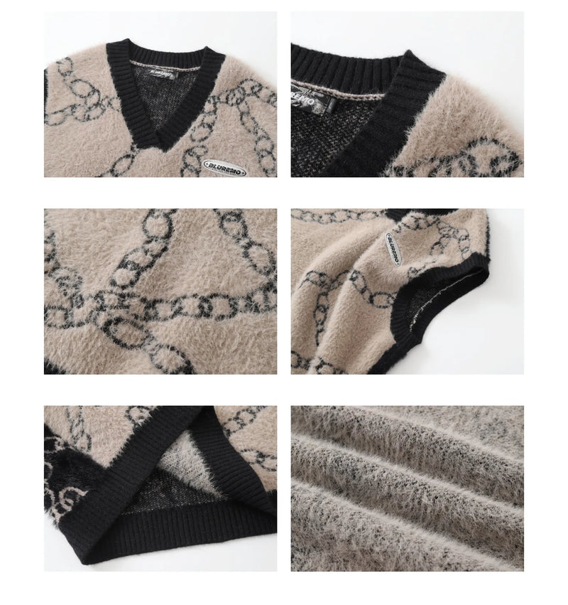 high street harajuku imitation mink hair knitted vest chain color block v neck pullover sweater vest oversized knitwear trendy Y2K vintage urban hoodie, urban wear with bold artwork, unique limited edition hoodie