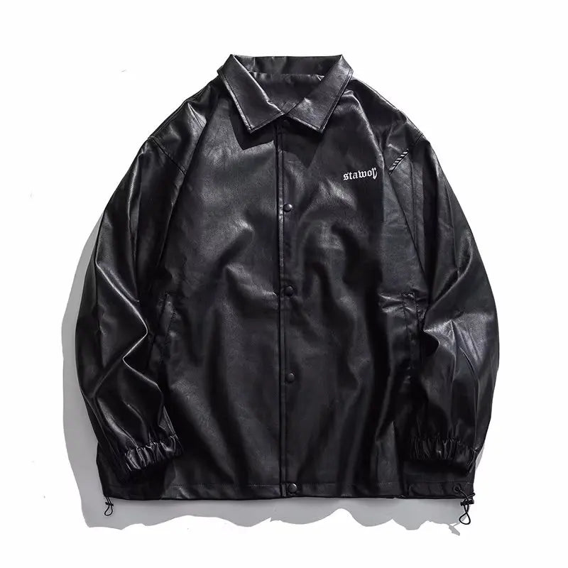 Mens Leather Bomber Jacket Women Hip Hop Letter Motorcycle Loose Casual PU Coat Unisex High Street Racing Varsity Black Outwear