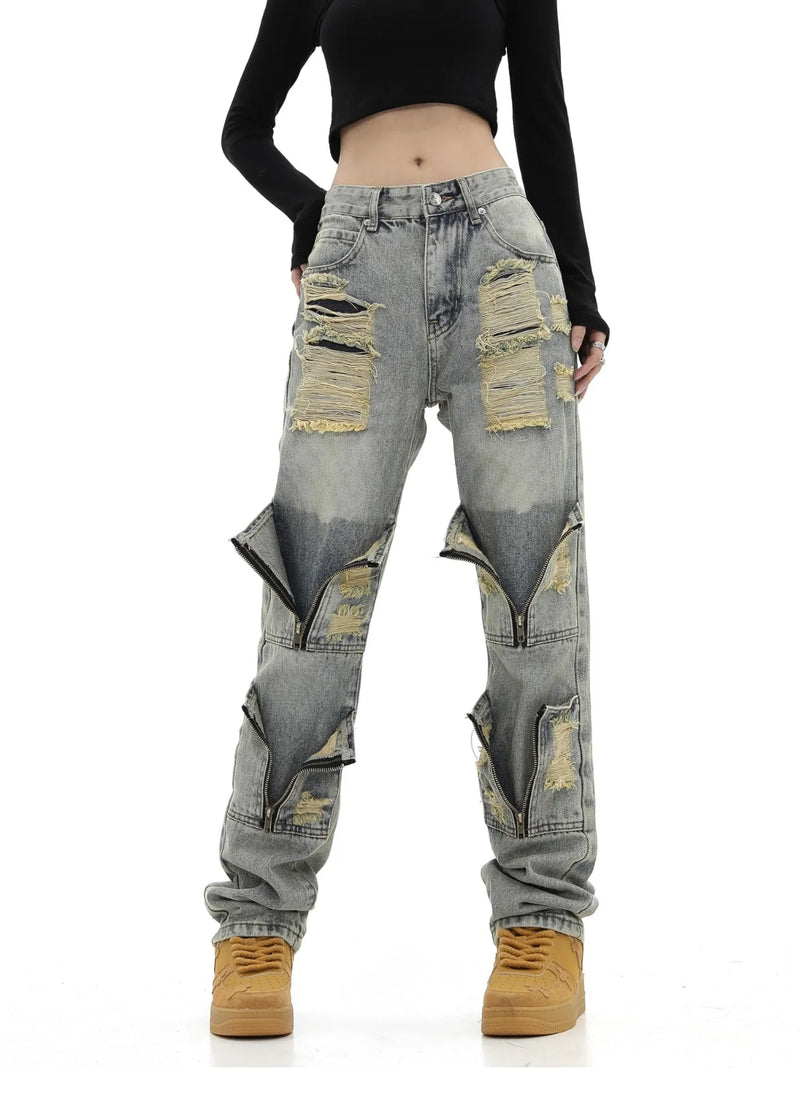 high street zipper open decoration biker jeans women ripped denim straight jean pant men motorcycle trouser unisex hip hop pants unique jeans style 3658
