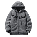 men fleece jackets and coats casual letter embroidery hairy zipper hooded outerwear warm streetwear parkas loose bomber jacke - variant style dcbff7 for streetwear fashion