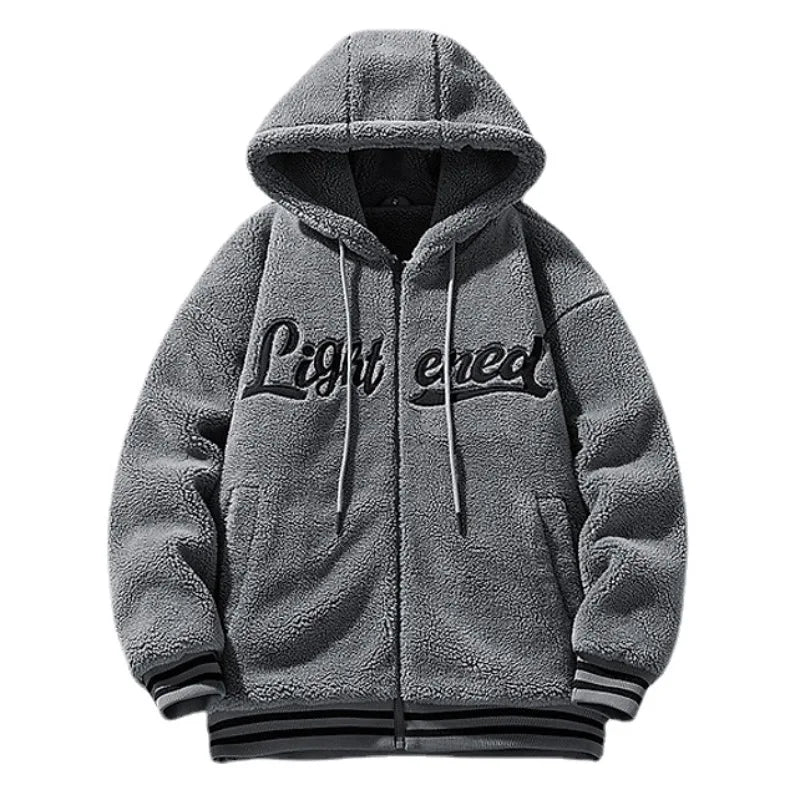 men fleece jackets and coats casual letter embroidery hairy zipper hooded outerwear warm streetwear parkas loose bomber jacke - variant style dcbff7 for streetwear fashion
