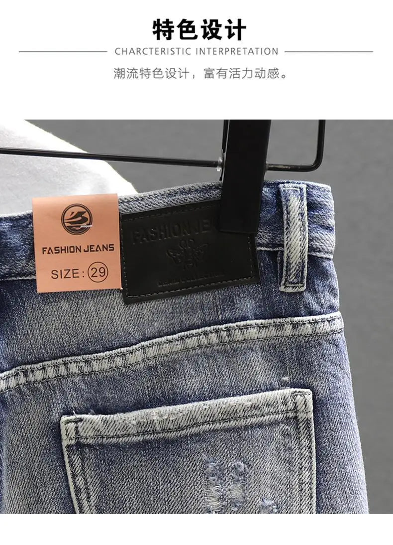 Light Blue Ripped Summer Denim Shorts Street Heavy Washed Destroyed Shorts Men