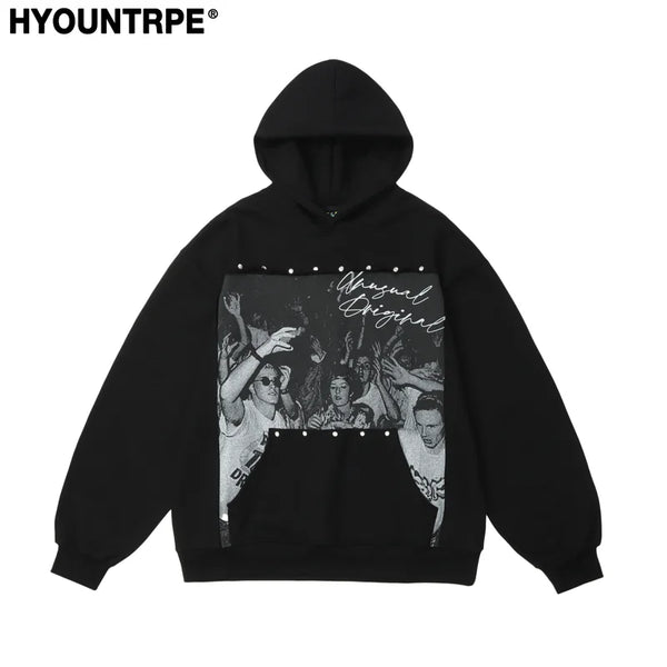 Fashion Punk Rivets Hoodies Pullover Hooded Sweatshirts Harajuku Women