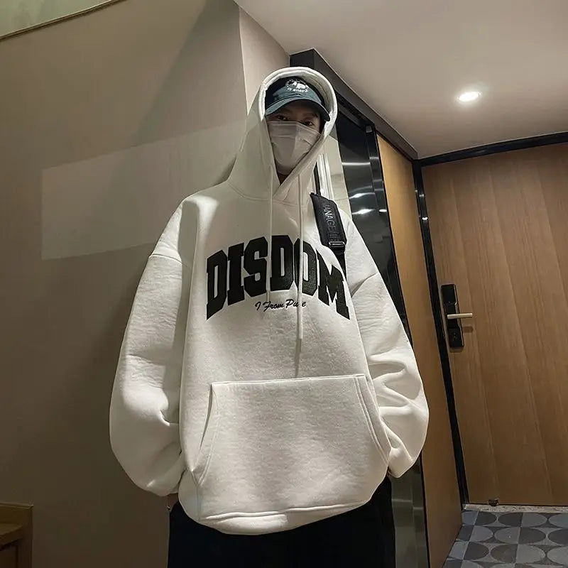 Gray Korean Style Hooded Sweatshirt Men Autumn Winter New American Trendy Brand Letter Printed Pullover Thickened Y2K Loose Top