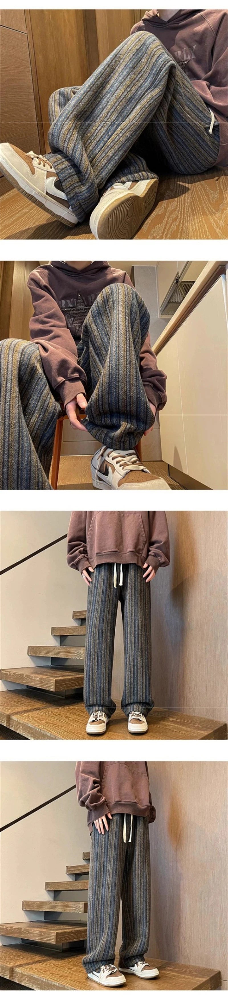 autumn striped woolen straight leg pants for men classic y2k vintage baggy trousers new casual high street fashion sweatpants unique joggers style 288