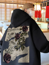 Y2K Vintage Rose Graphic Print Hoodies For Men Goth Fashion Streetwear Clothes Casual Fleece Hip Hop Loose Pullover Sweatshirts