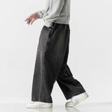 large size jeans basic denim pants solid color mens casual wide leg pants waist elastic hip hop baggy man trousers ripped baggy denim
