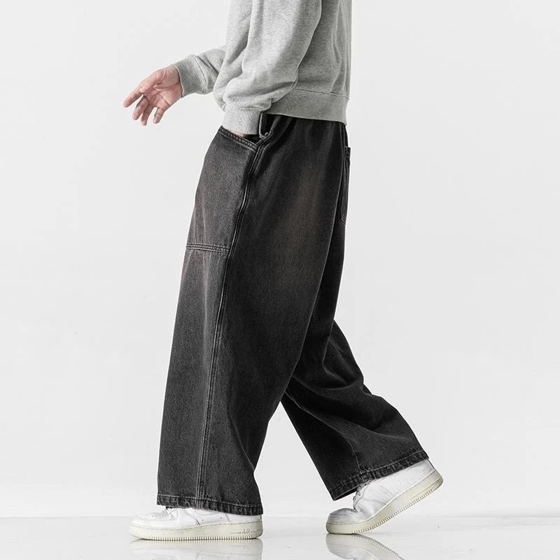 large size jeans basic denim pants solid color mens casual wide leg pants waist elastic hip hop baggy man trousers ripped baggy denim