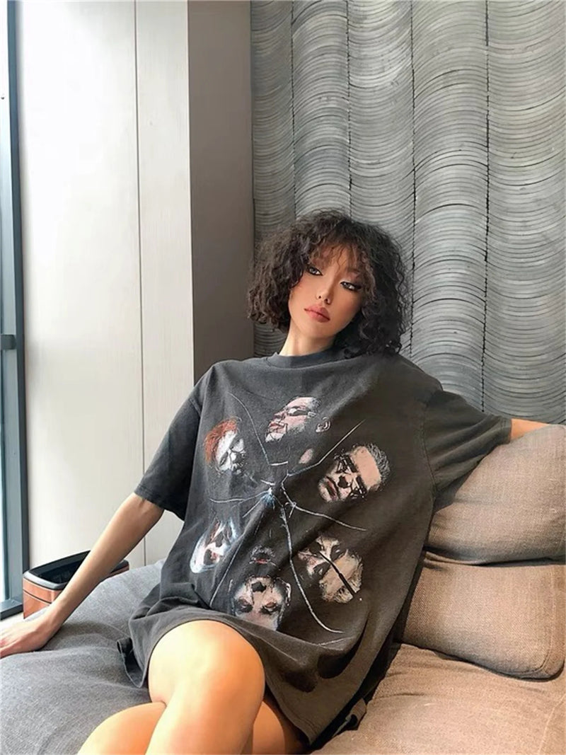 sadcore oversized shirt featuring vtg germany rock band retro portrait print washed old casual oversize cotton high street tops t shirts