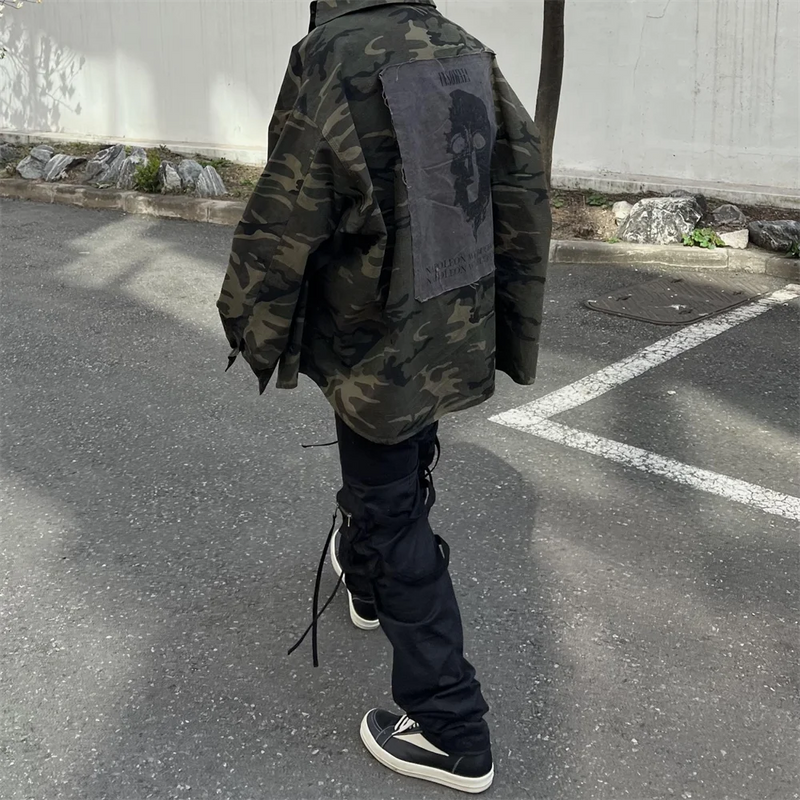Undermycar High Street Trendy Brand High Quality Extra Large Washed and Worn Dark Checker Patch Camo Shirt