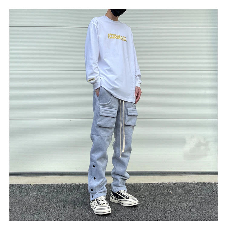 mens high street loose fit elastic waist pants winter warm fleece pants bottons hip hop drawstring sportwear sweatpants joggers unique joggers style 3043