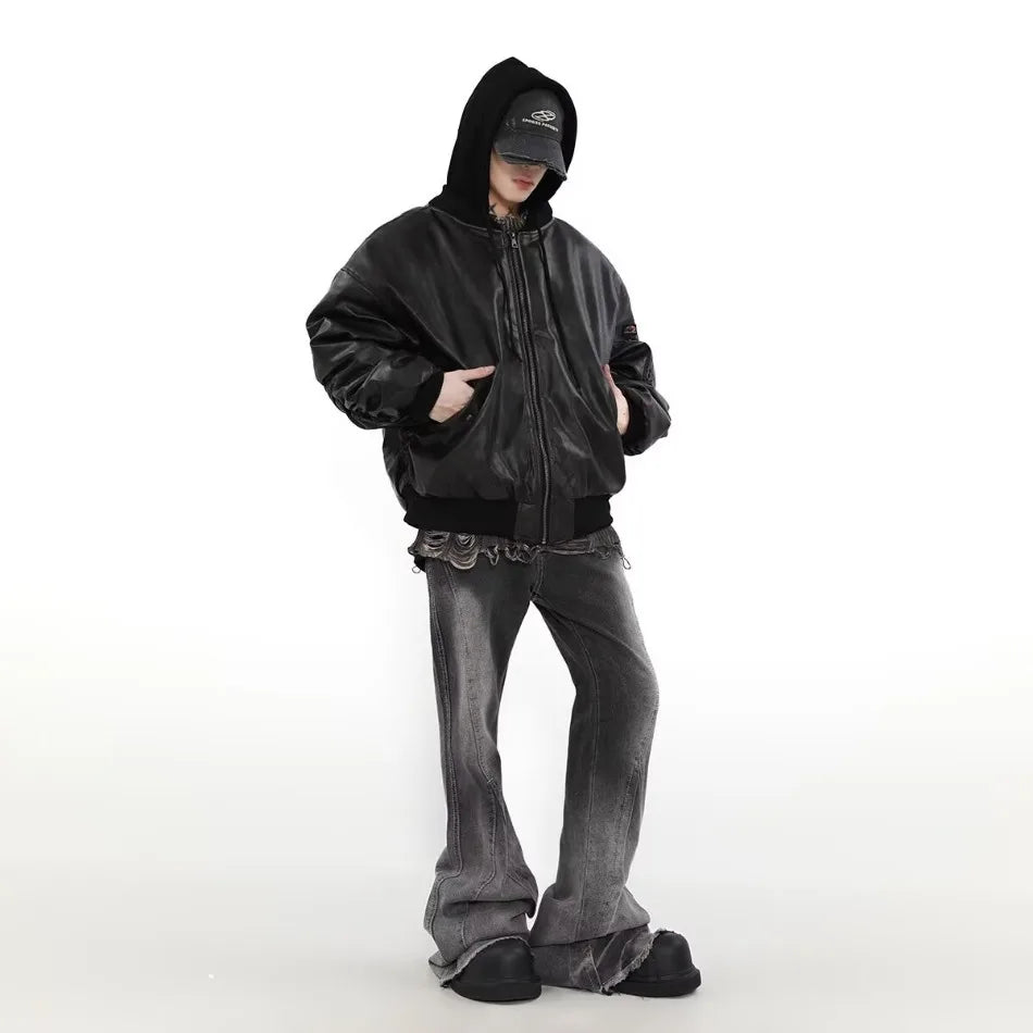Winter American Fake Two Pieces Parkas Mens Heavy Weight Thicken Hip Hop PU Leather Cotton Jacket Trend Loose Motorcycle Coats