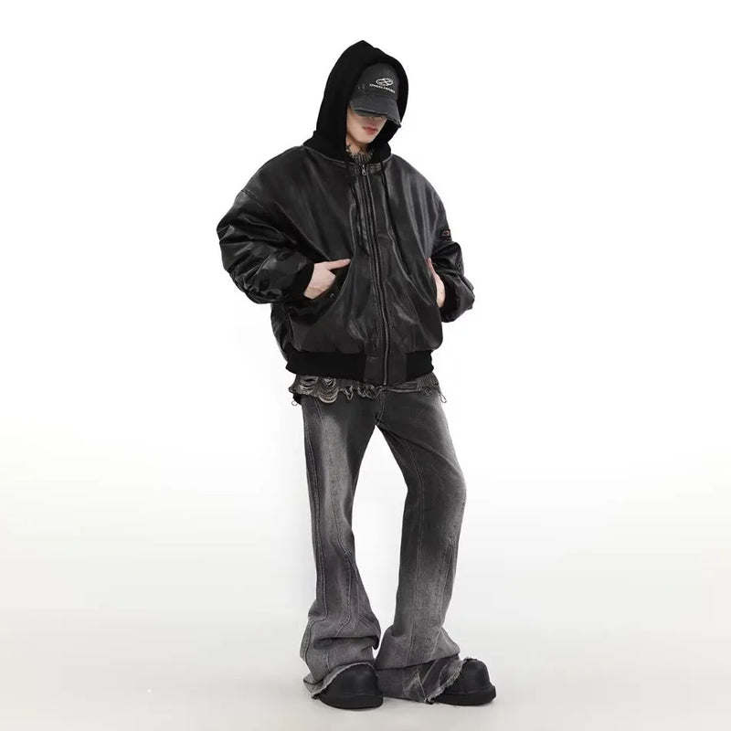 Winter American Fake Two Pieces Parkas Mens Heavy Weight Thicken Hip Hop PU Leather Cotton Jacket Trend Loose Motorcycle Coats