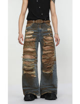 2 pieces sets mens dirty graffiti wide shouder denim jeans jacket coat and ripped holes wide legs pants joggers streetwear sets unique joggers style 4559