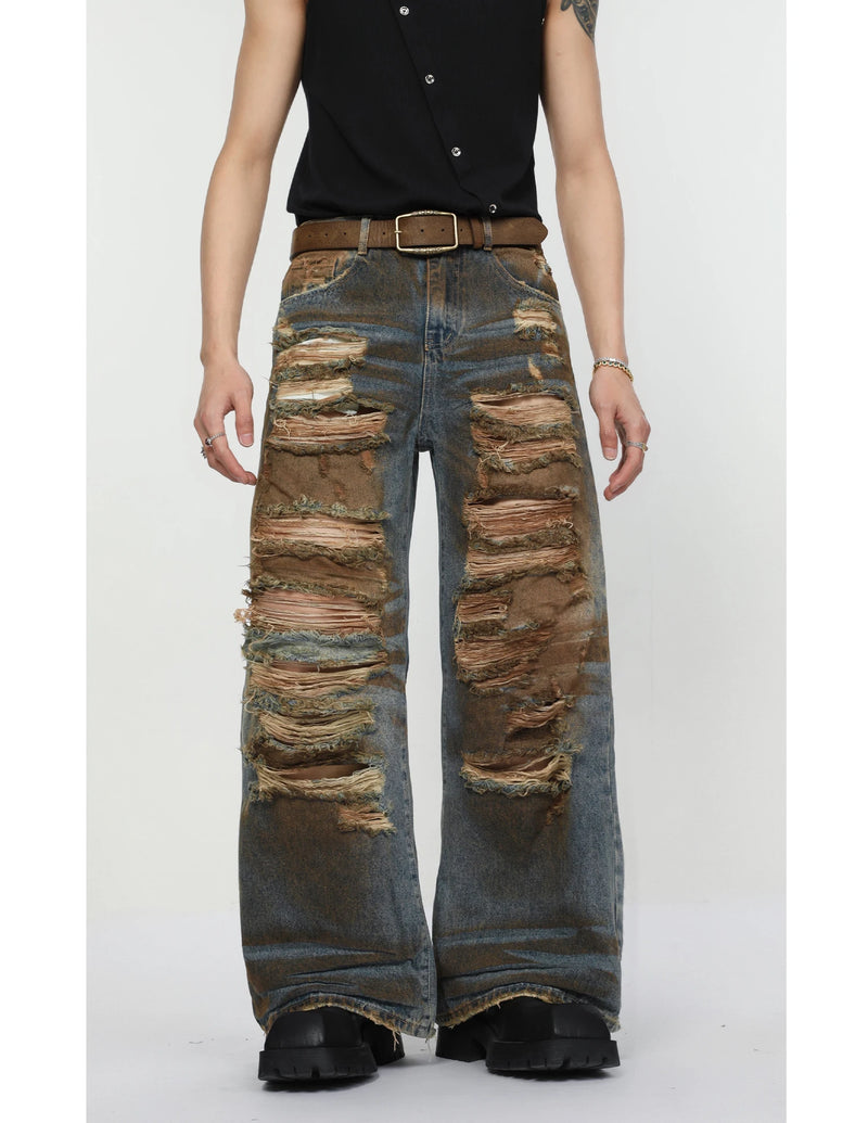 2 pieces sets mens dirty graffiti wide shouder denim jeans jacket coat and ripped holes wide legs pants joggers streetwear sets unique joggers style 4559