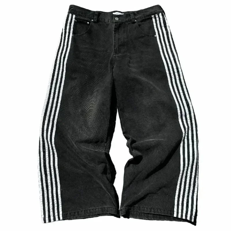 gothic embroidered wide leg denim pants high street streetwear harajuku retro hip hop mens jeans y2k black striped baggy jeans unique jeans style 2600