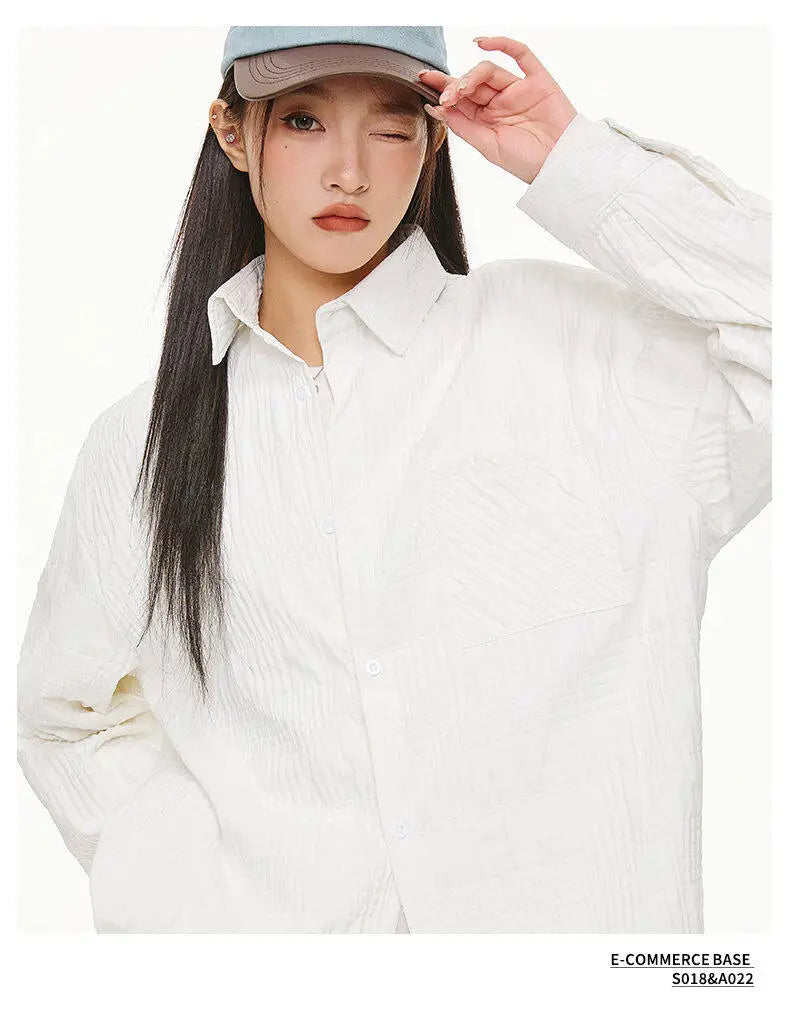 Wrinkled Fabric Casual Long Sleeve Shirt Men and Women Solid Color Streetwear Fashion Loose Black White Shirts Oversize Blouses